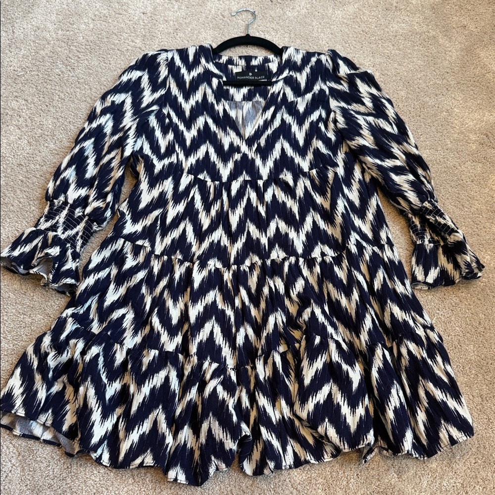 Pomander Place Navy & White Kenzo Ikat Tiered Dress S